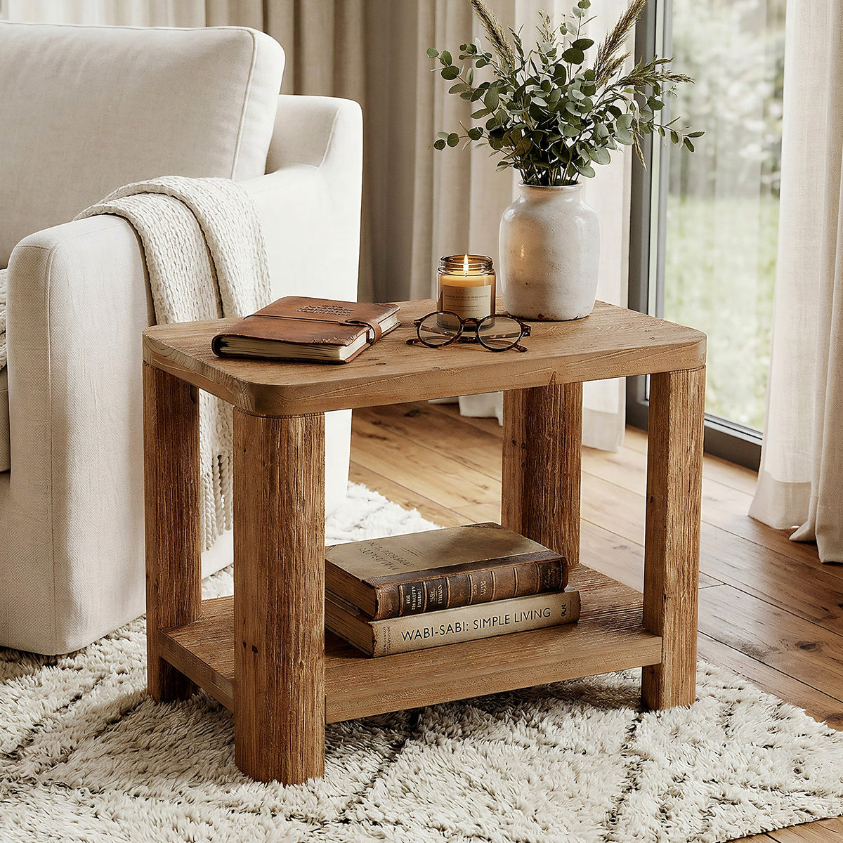 27 Inch Solid Wood Side Table with 2-Tier Shelf, Farmhouse Bedside Table for Bedroom