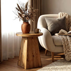 18.9-Inch Round Solid Wood End Table with Trapezoid Base