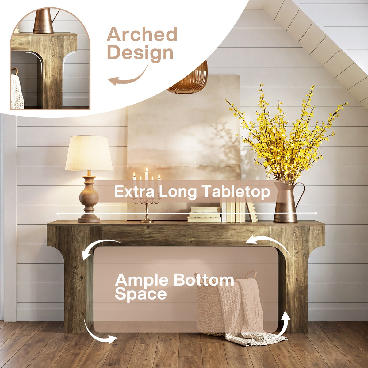 79-Inch Extra Long Console Table with Arched Base, Farmhouse Sofa Table for Entryway