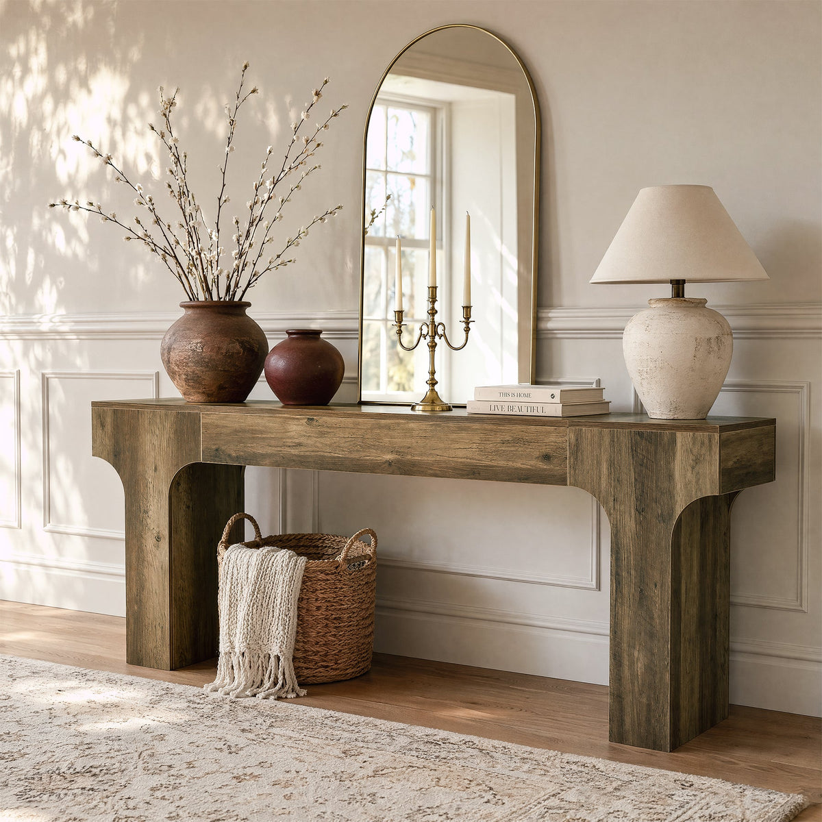 79-Inch Extra Long Console Table with Arched Base, Farmhouse Sofa Table for Entryway