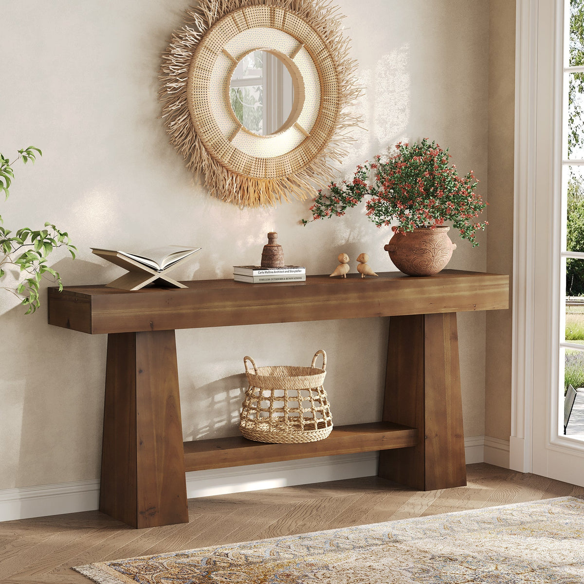 63-Inch Solid Wood Console Table, Entryway Sofa Table with Storage for Behind Couch
