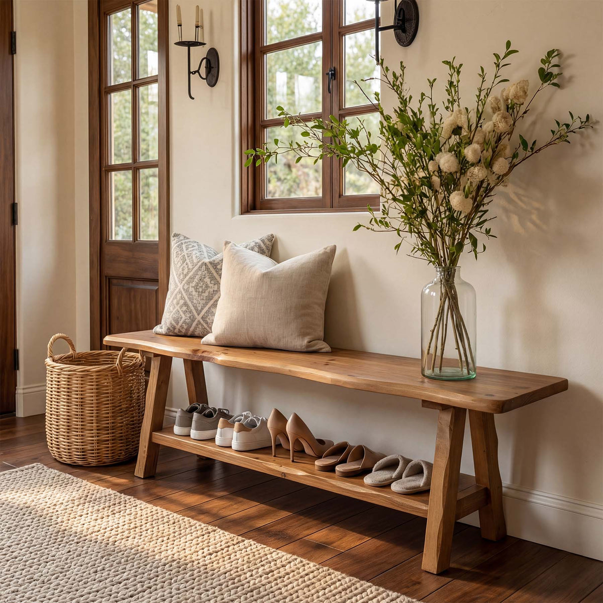 55-Inch Solid Wood Entryway Bench with Live-Edge, 2-Tier Shoe Storage for Bedroom