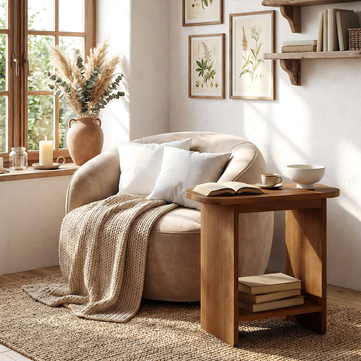 23.6-Inch Solid Wood Side Table with H-Shaped Frame and 2-Tier Storage Shelf, Farmhouse Narrow End Table for Living Room