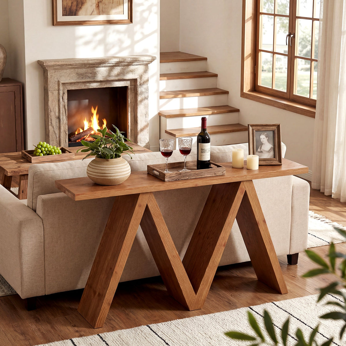 63-Inch Solid Wood Console Table, Farmhouse Entryway Sofa Table with M-Shaped Base for Living Room and Hallway