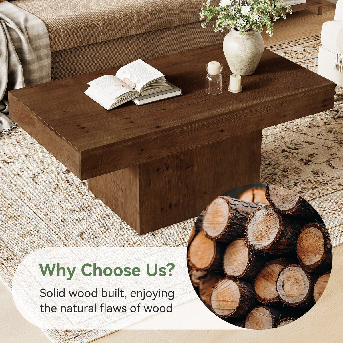47.24-Inch Solid Wood Coffee Table, Mid Century Modern Rectangle Center Table with Wooden Pedestal for Living Room