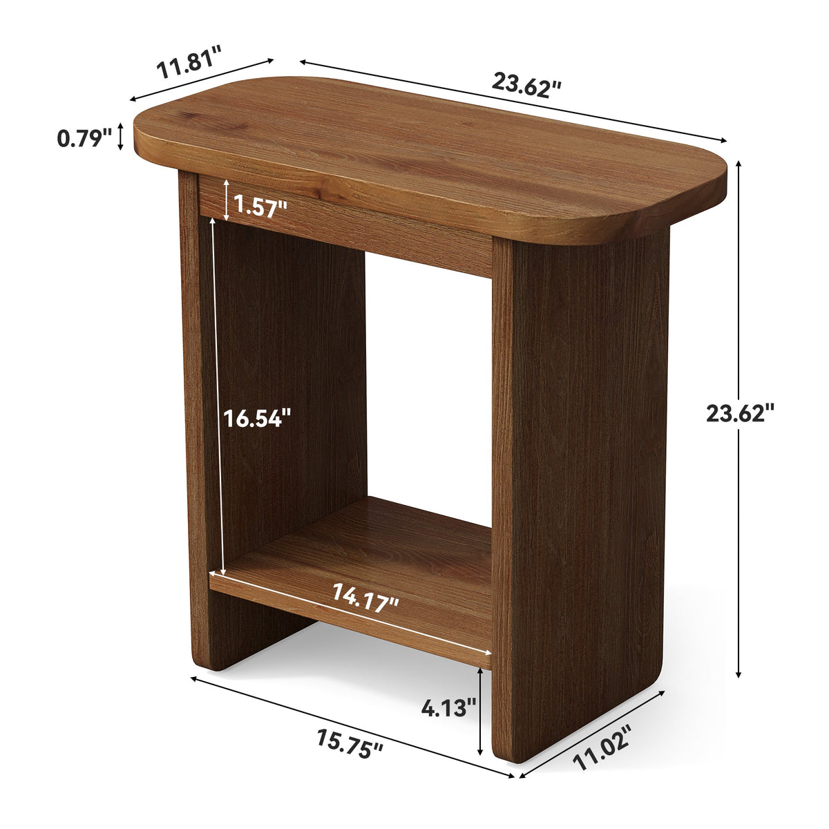 23.6-Inch Solid Wood Side Table with H-Shaped Frame and 2-Tier Storage Shelf, Farmhouse Narrow End Table for Living Room