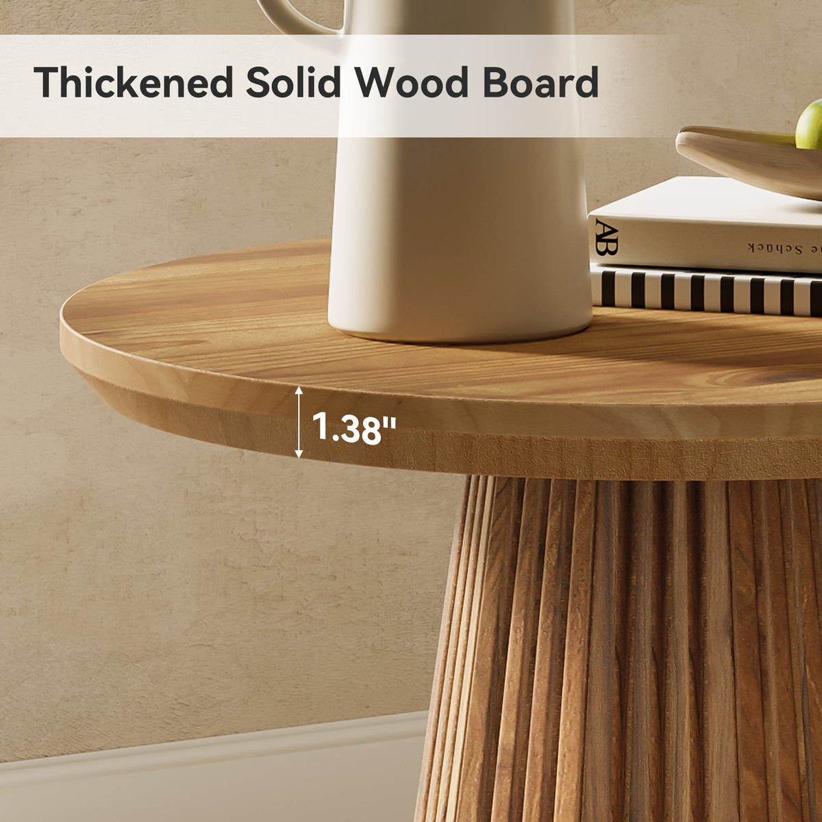 19.7-Inch Solid Wood End Table with Fluted Base, Small Round Side Table for Small Spaces