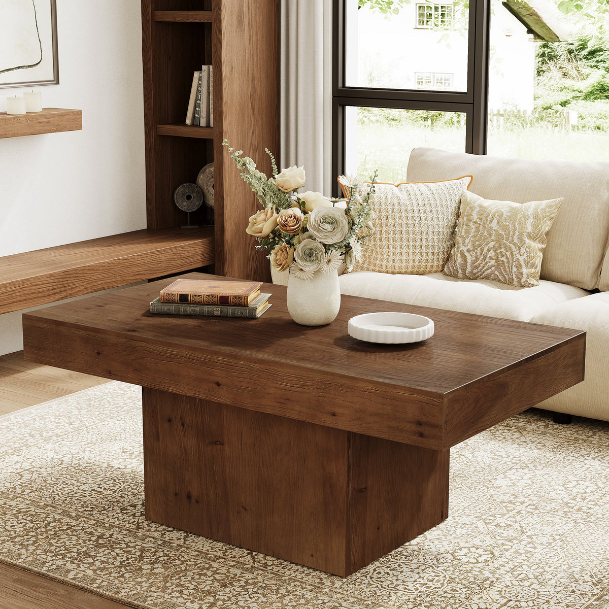 47.24-Inch Solid Wood Coffee Table, Mid Century Modern Rectangle Center Table with Wooden Pedestal for Living Room