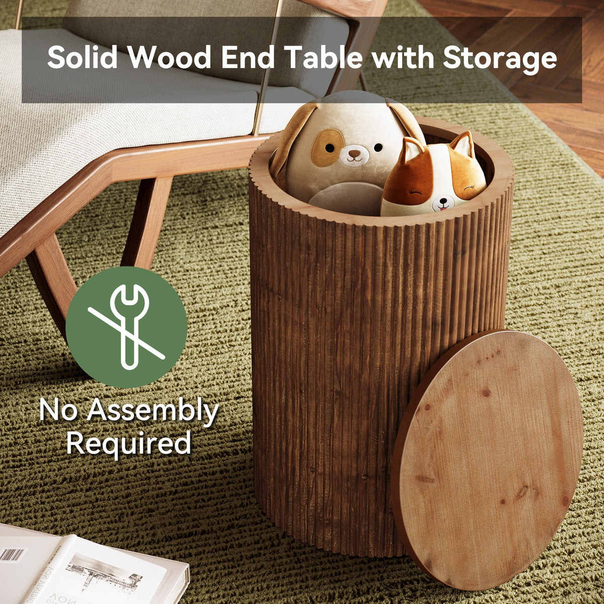 Solid Wood Round Side Table with Fluted Design and 4 Wheels, No-Assembly End Table with Storage for Living Room Bedroom and Small Spaces