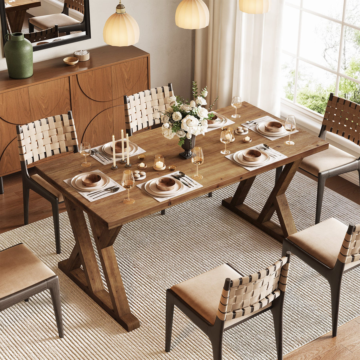 63-Inch Solid Wood Dining Table with X-Shaped Legs, Rectangular Farmhouse Kitchen Table for 4-6 People Dining Room Rustic Brown