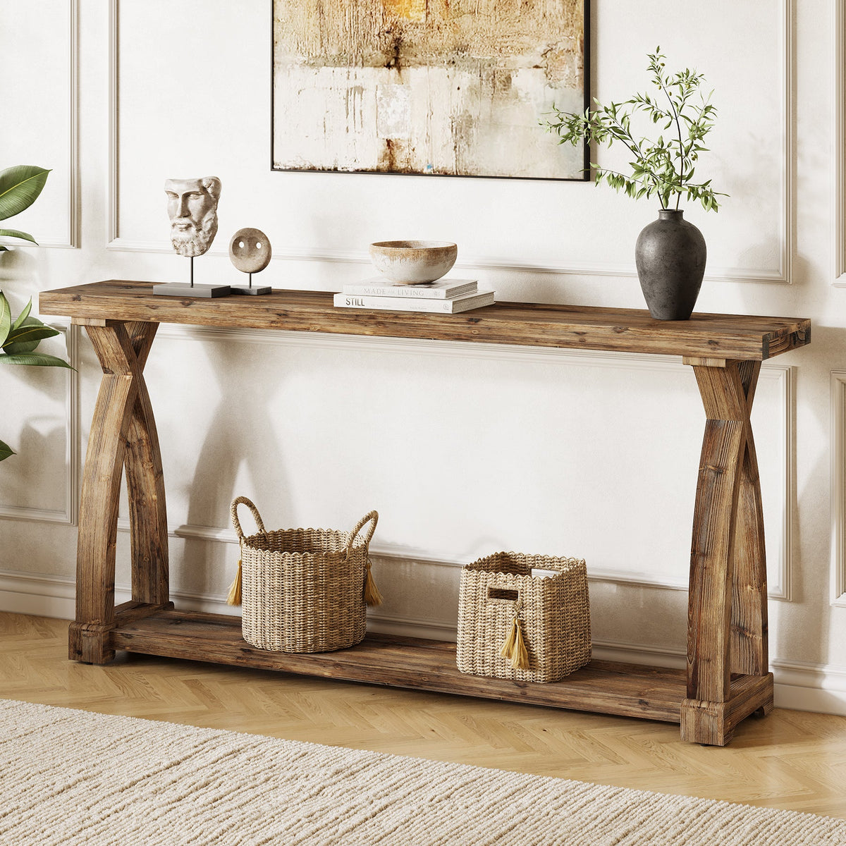 63-Inch Solid Wood Console Table, Narrow Farmhouse Design with 2-Tier Storage for Entryway and Living Room