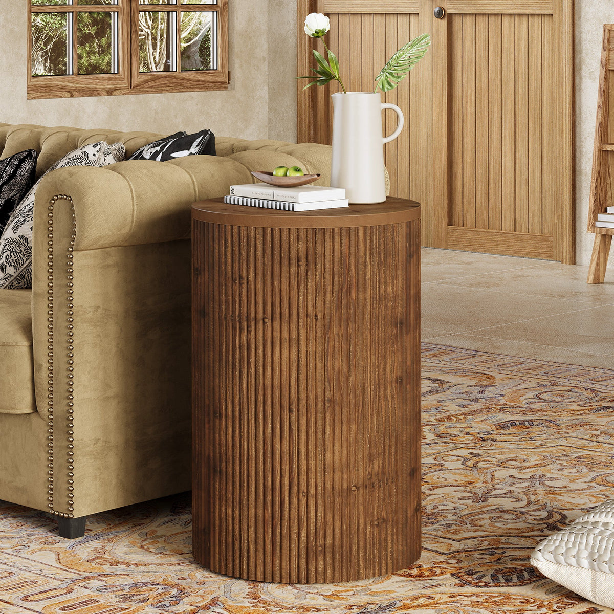 Solid Wood Round Side Table with Fluted Design and 4 Wheels, No-Assembly End Table with Storage for Living Room Bedroom and Small Spaces