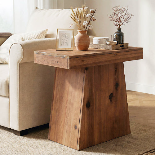 23.6 Inch Solid Wood Side Table with Trapezoid Base, Rustic End Table for Small Spaces