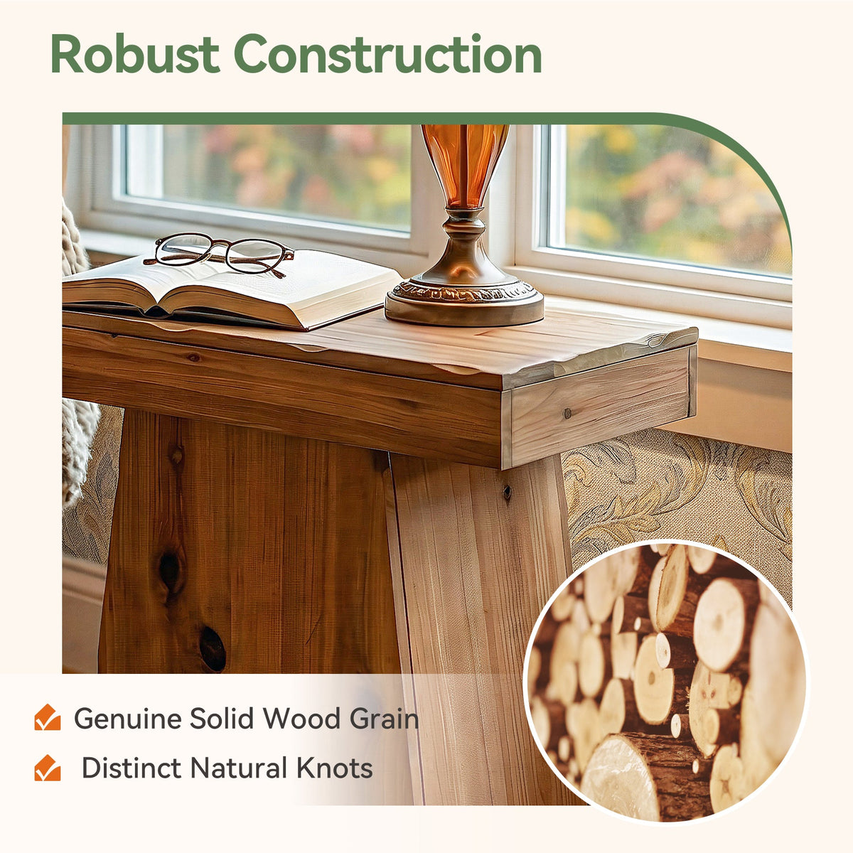 23.6 Inch Solid Wood Side Table with Trapezoid Base, Rustic End Table for Small Spaces