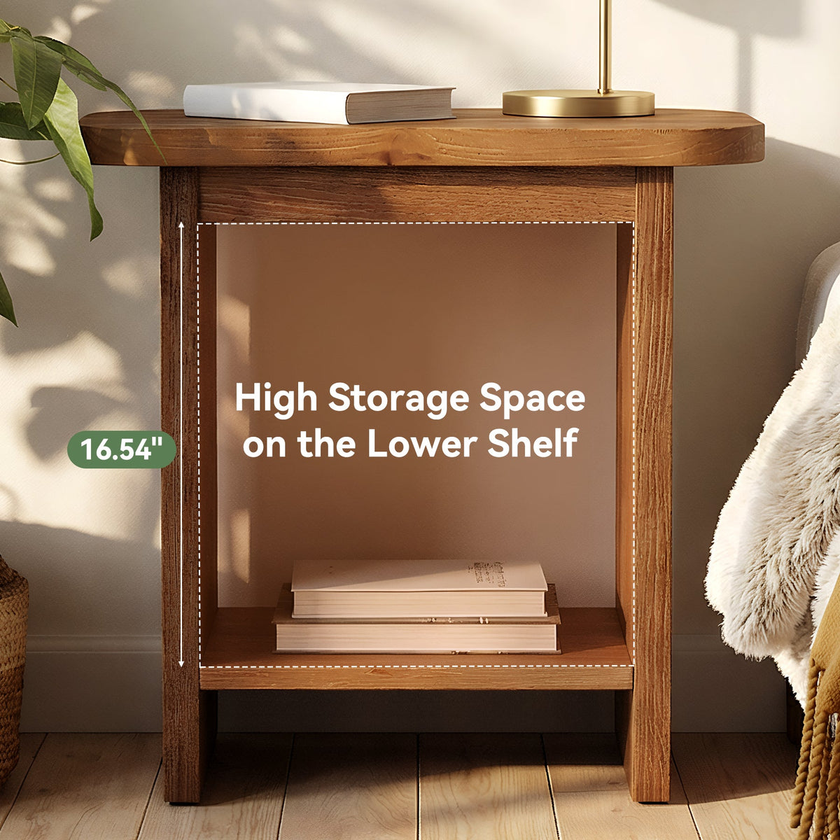 23.6-Inch Solid Wood Side Table with H-Shaped Frame and 2-Tier Storage Shelf, Farmhouse Narrow End Table for Living Room