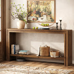 63-Inch Solid Wood Console Table with Rivet Detailing and 2-Tier Storage Shelf, Farmhouse Narrow Entryway Table for Living Room Hallway and Entryway