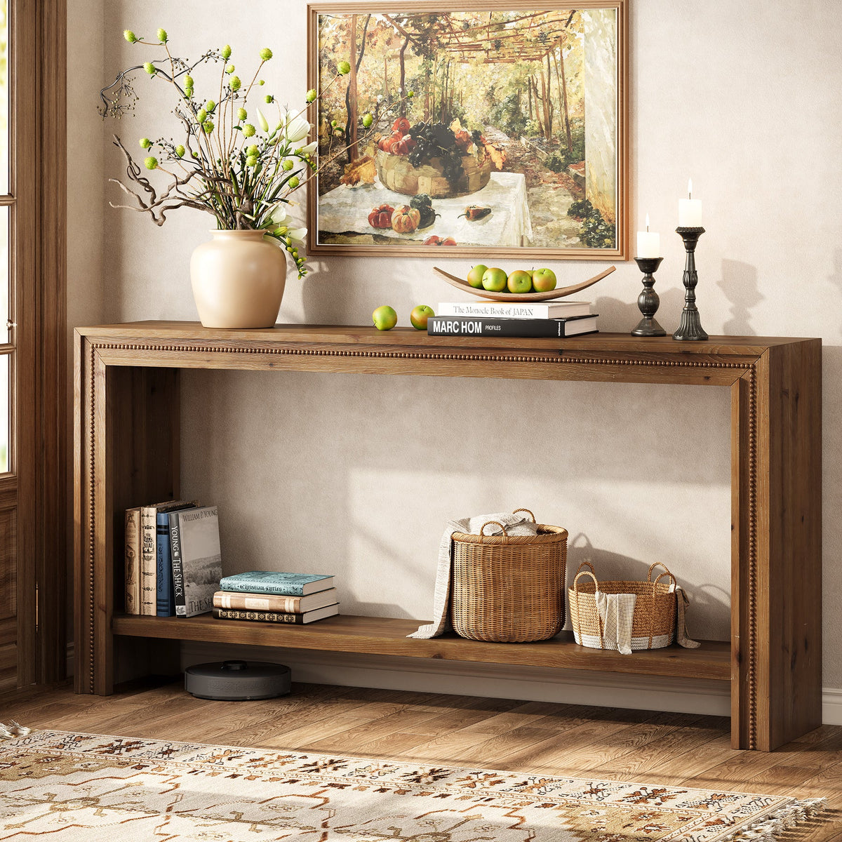 63-Inch Solid Wood Console Table with Rivet Detailing and 2-Tier Storage Shelf, Farmhouse Narrow Entryway Table for Living Room Hallway and Entryway