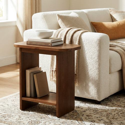 23.6-Inch Solid Wood Side Table with H-Shaped Frame and 2-Tier Storage Shelf, Farmhouse Narrow End Table for Living Room