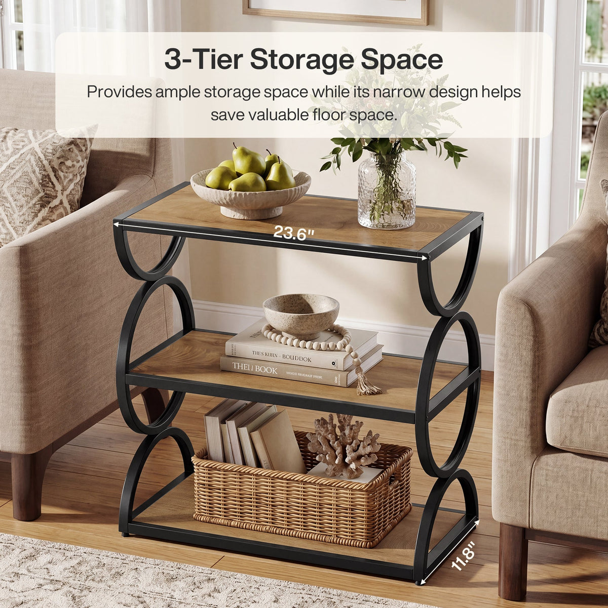 23.6-Inch Nightstand with 3-Tier Storage Shelves and Circular Frame, Industrial Bedside Table for Bedroom and Small Spaces