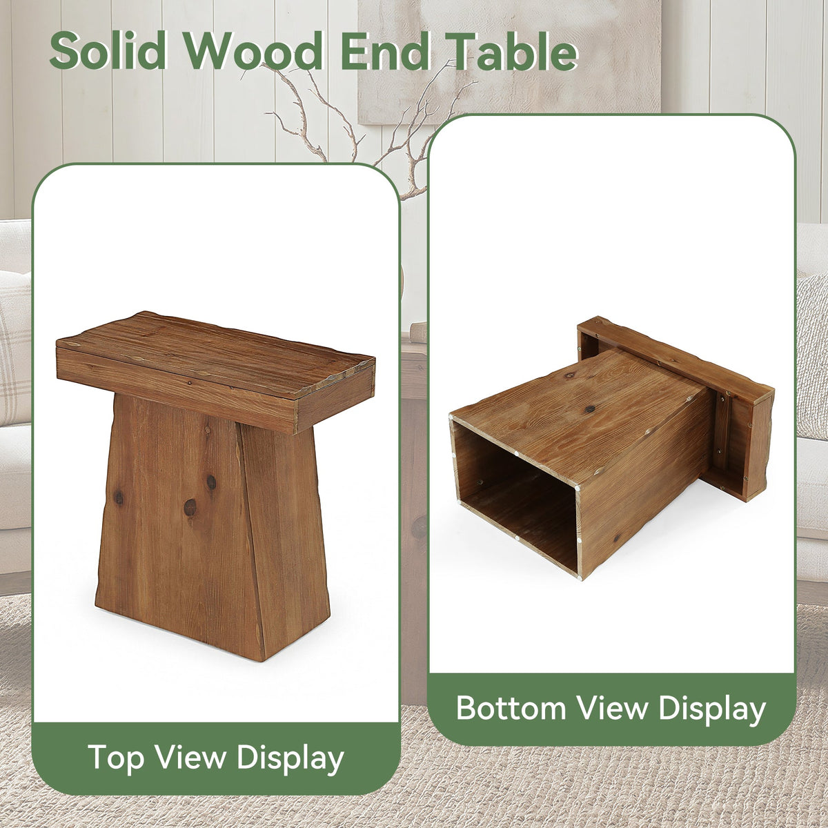 23.6 Inch Solid Wood Side Table with Trapezoid Base, Rustic End Table for Small Spaces