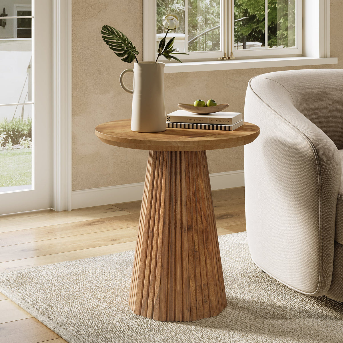 19.7-Inch Solid Wood End Table with Fluted Base, Small Round Side Table for Small Spaces