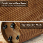 Solid Wood Round Side Table with Fluted Design and 4 Wheels, No-Assembly End Table with Storage for Living Room Bedroom and Small Spaces