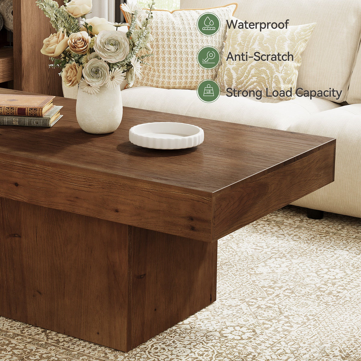 47.24-Inch Solid Wood Coffee Table, Mid Century Modern Rectangle Center Table with Wooden Pedestal for Living Room