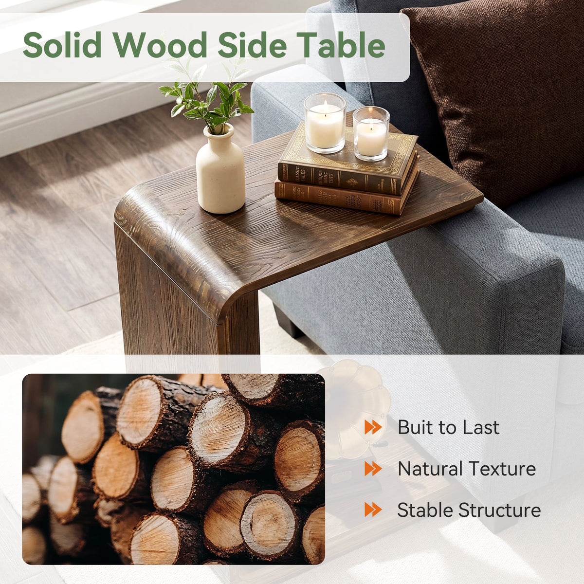 C-Shaped Solid Wood End Table for Small Spaces, Narrow Sofa Side Table for Living Room