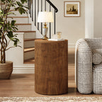 Solid Wood Round Side Table with Fluted Design and 4 Wheels, No-Assembly End Table with Storage for Living Room Bedroom and Small Spaces