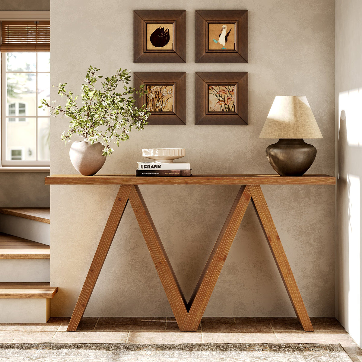 63-Inch Solid Wood Console Table, Farmhouse Entryway Sofa Table with M-Shaped Base for Living Room and Hallway
