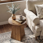 18.9-Inch Round Solid Wood End Table with Trapezoid Base