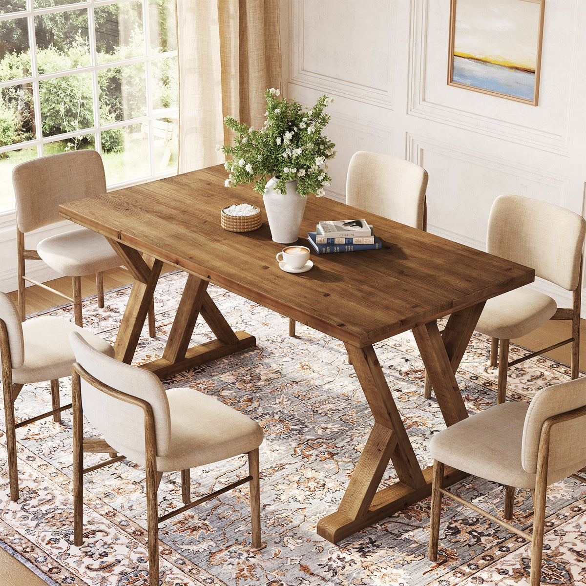 63-Inch Solid Wood Dining Table with X-Shaped Legs, Rectangular Farmhouse Kitchen Table for 4-6 People Dining Room Rustic Brown