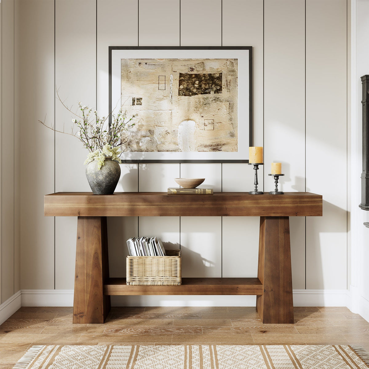 63-Inch Solid Wood Console Table, Entryway Sofa Table with Storage for Behind Couch