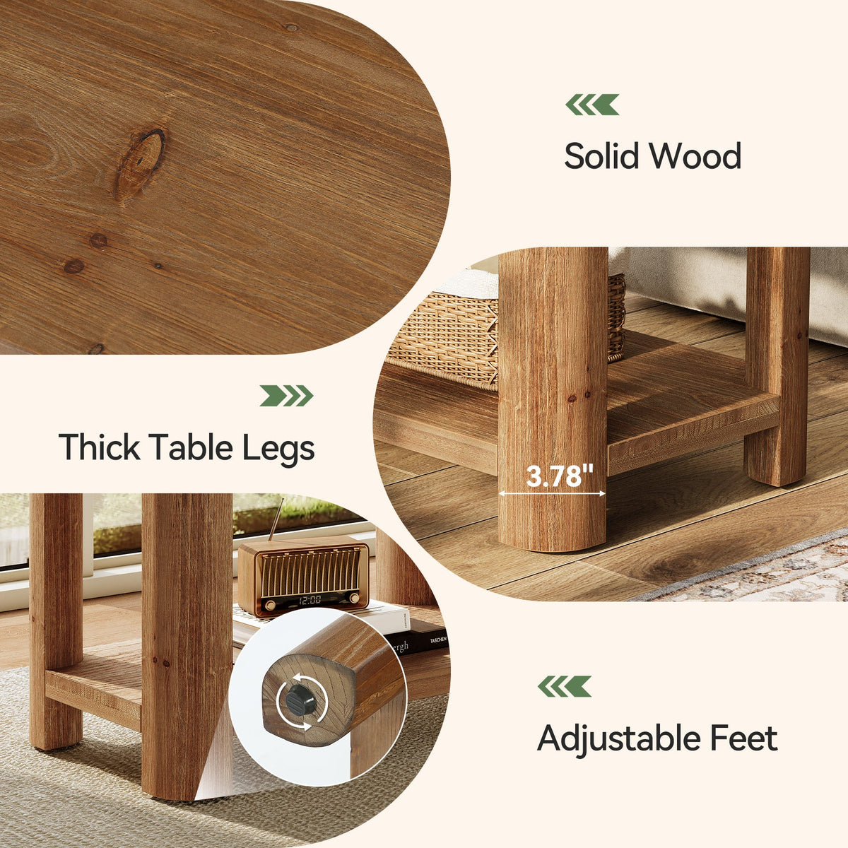 27 Inch Solid Wood Side Table with 2-Tier Shelf, Farmhouse Bedside Table for Bedroom