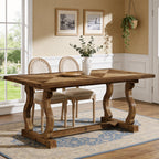 63-Inch Solid Wood Dining Table with Diamond Parquetry, Farmhouse Table for Dining Room