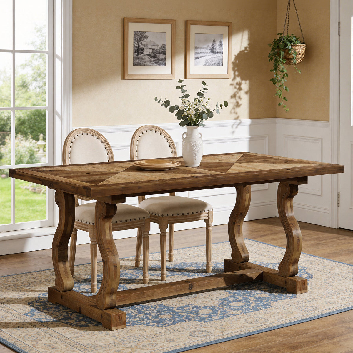63-Inch Solid Wood Dining Table with Diamond Parquetry, Farmhouse Table for Dining Room