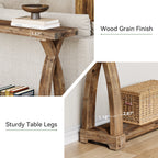 63-Inch Solid Wood Console Table, Narrow Farmhouse Design with 2-Tier Storage for Entryway and Living Room