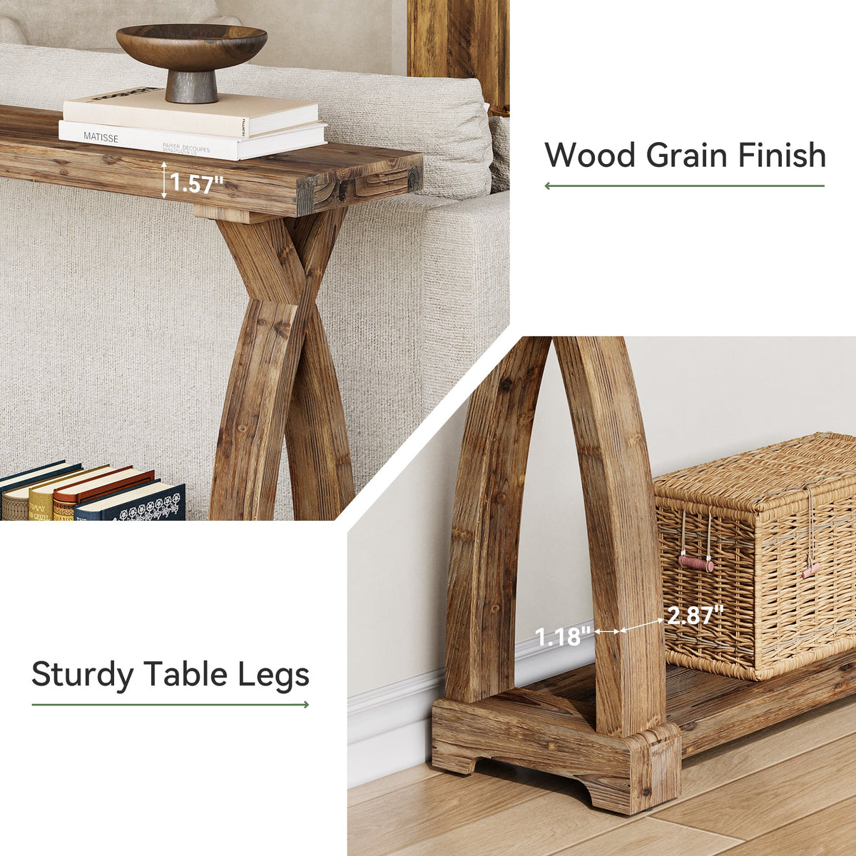 63-Inch Solid Wood Console Table, Narrow Farmhouse Design with 2-Tier Storage for Entryway and Living Room
