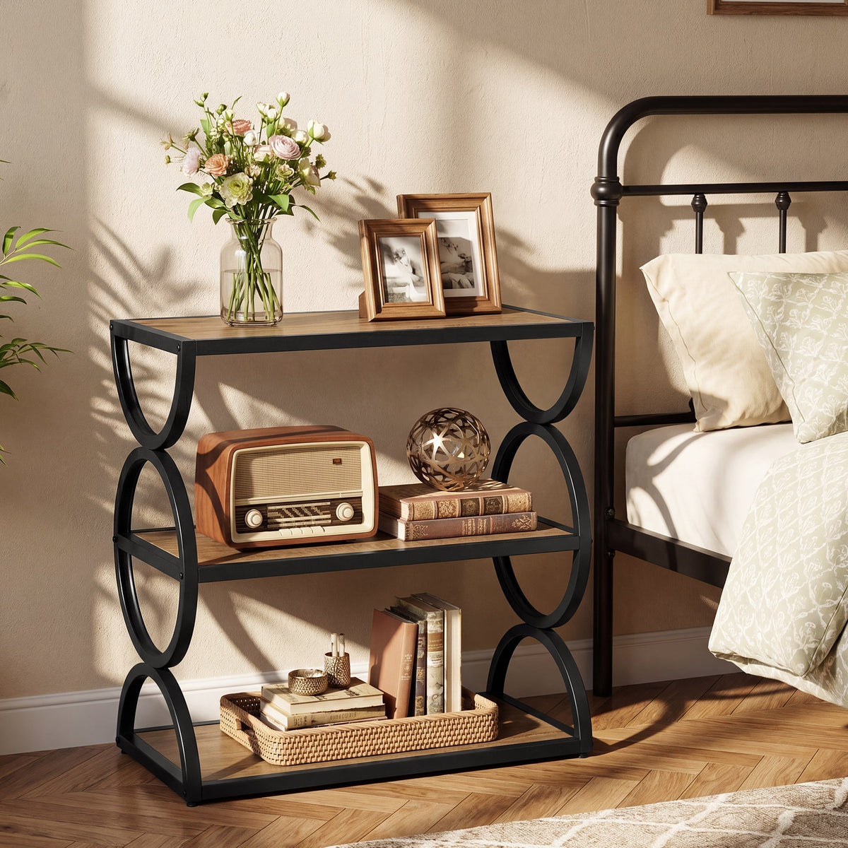 23.6-Inch Nightstand with 3-Tier Storage Shelves and Circular Frame, Industrial Bedside Table for Bedroom and Small Spaces