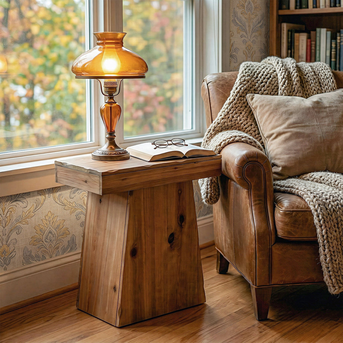 23.6 Inch Solid Wood Side Table with Trapezoid Base, Rustic End Table for Small Spaces
