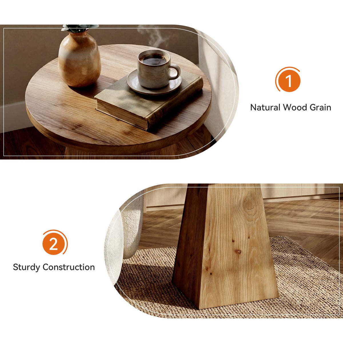 18.9-Inch Round Solid Wood End Table with Trapezoid Base