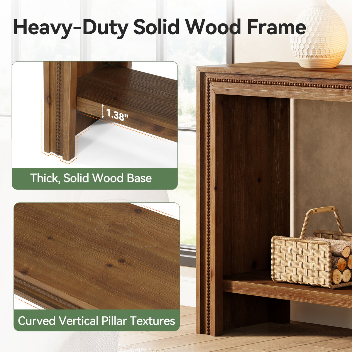 63-Inch Solid Wood Console Table with Rivet Detailing and 2-Tier Storage Shelf, Farmhouse Narrow Entryway Table for Living Room Hallway and Entryway