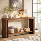 63-Inch Solid Wood Console Table with Rivet Detailing and 2-Tier Storage Shelf, Farmhouse Narrow Entryway Table for Living Room Hallway and Entryway