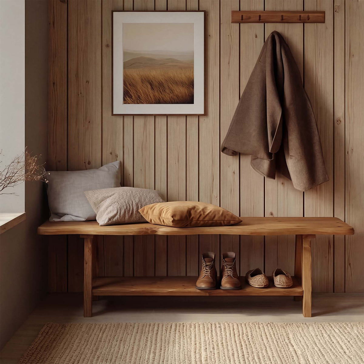 55-Inch Solid Wood Entryway Bench with Live-Edge, 2-Tier Shoe Storage for Bedroom