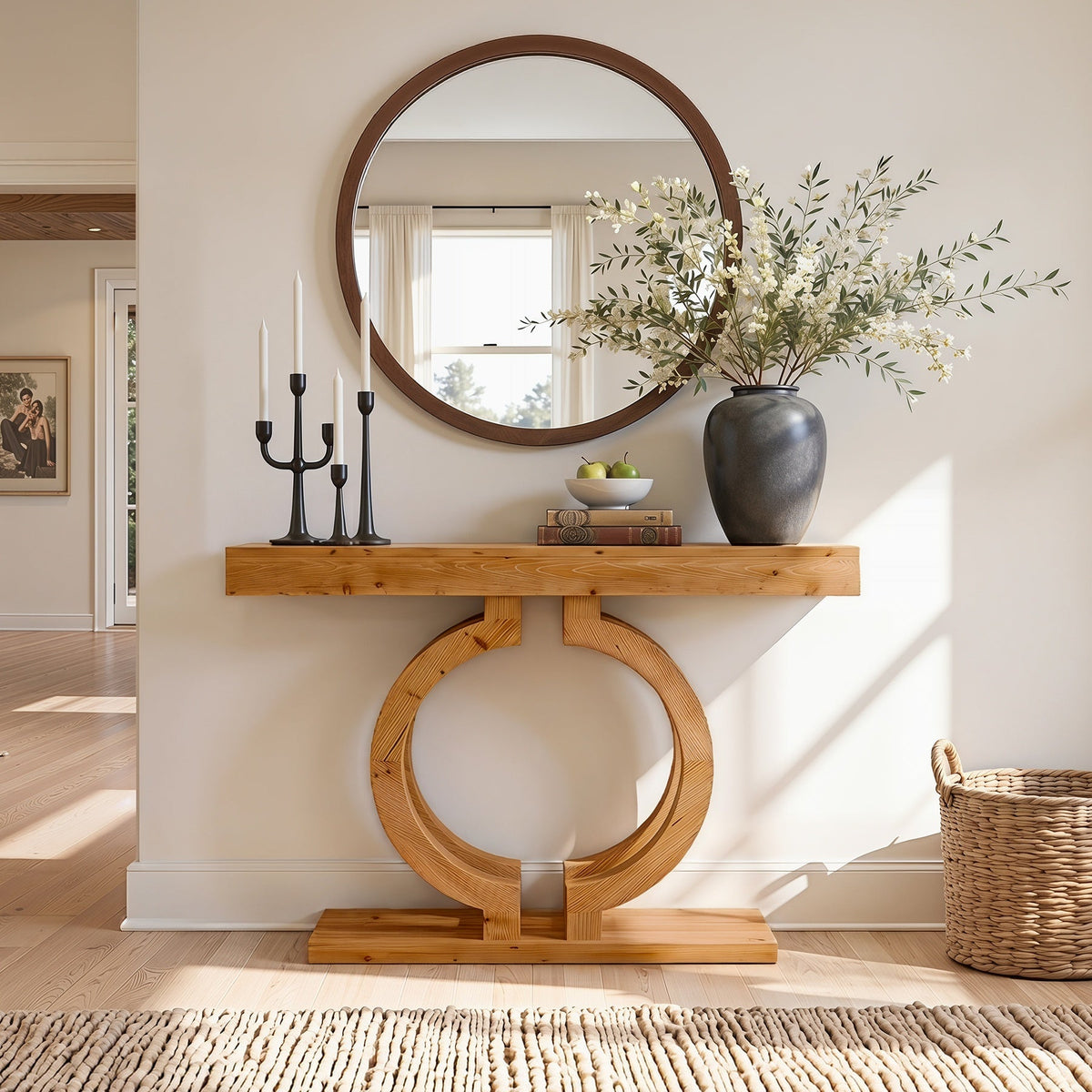 43.3-Inch Solid Wood Console Table with Double-Circle Base, Narrow Entryway Accent Table for Hallway