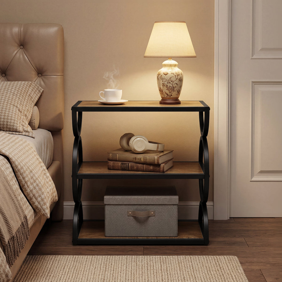 23.6-Inch Nightstand with 3-Tier Storage Shelves and Circular Frame, Industrial Bedside Table for Bedroom and Small Spaces