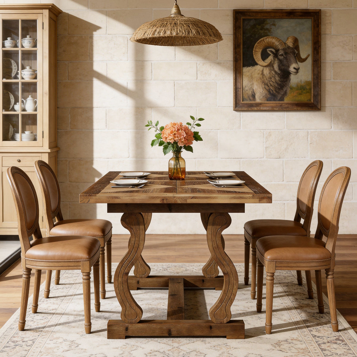 63-Inch Solid Wood Dining Table with Diamond Parquetry, Farmhouse Table for Dining Room