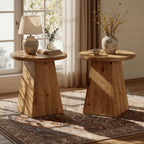 18.9-Inch Round Solid Wood End Table with Trapezoid Base