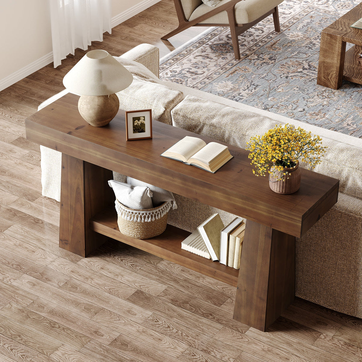 63-Inch Solid Wood Console Table, Entryway Sofa Table with Storage for Behind Couch
