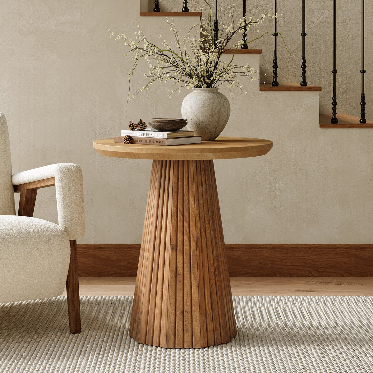 19.7-Inch Solid Wood End Table with Fluted Base, Small Round Side Table for Small Spaces